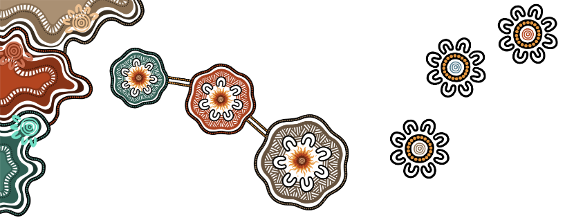 Aboriginal-style artwork with connected circular motifs and decorative patterns in earthy colours.